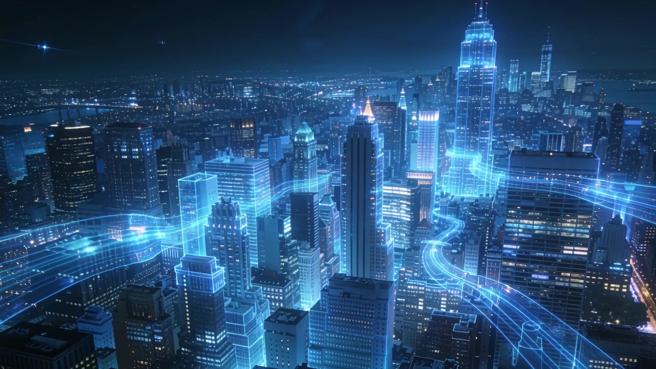 Tracing tower edges after faint lines appearing, blue ribbons mapping flow above downtown at night