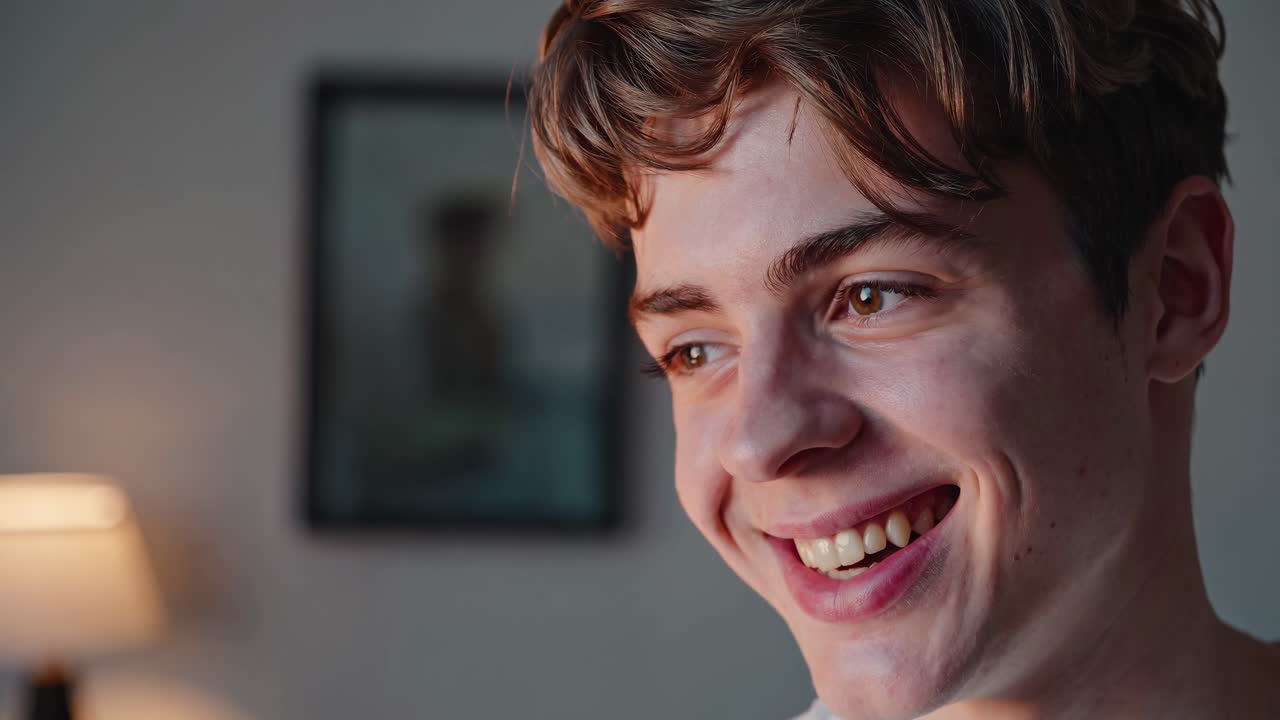 Collage showcasing a young man's diverse facial expressions, transitioning from subtle smiles to wide grins, conveying a range of positive emotions