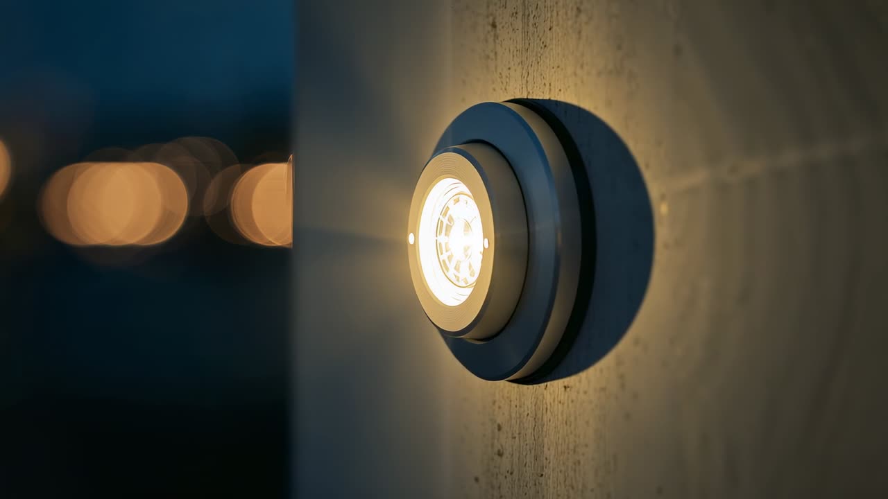 Vertical video: Moving camera bringing mounted LED fixture closer on concrete wall, revealing LEDs