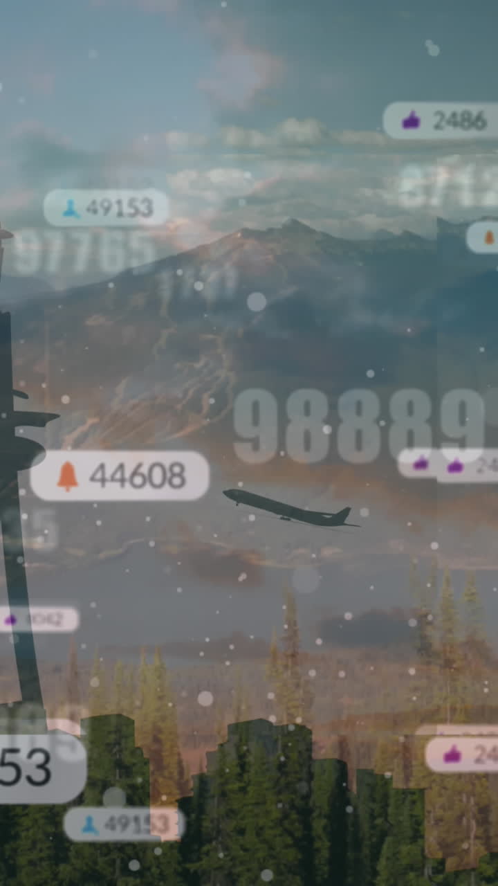 анимация иконок и цифр социальных сетей на ландшафтном фоне