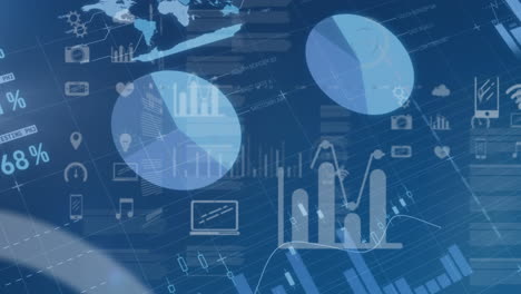 animation of multiple screens with statistical data processing against blue background