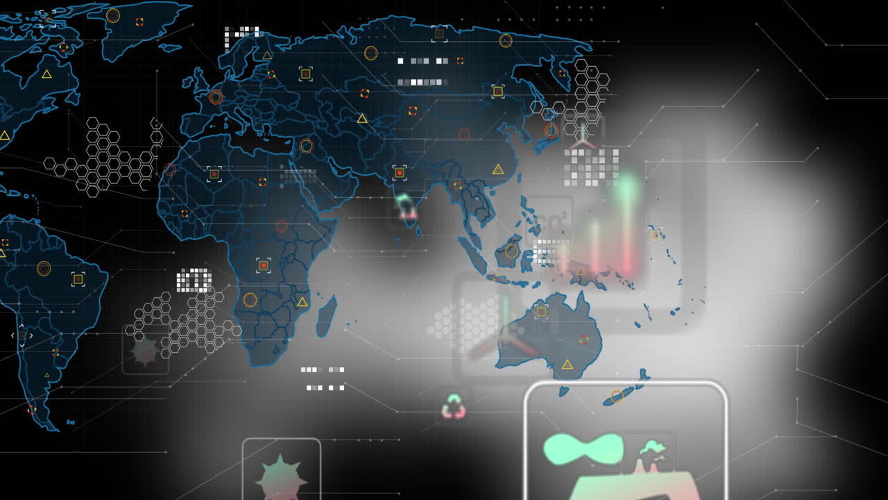 Animation of multiple digital icons and world map against grey gradient background