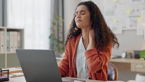 frustrated woman, laptop and neck pain in burnout