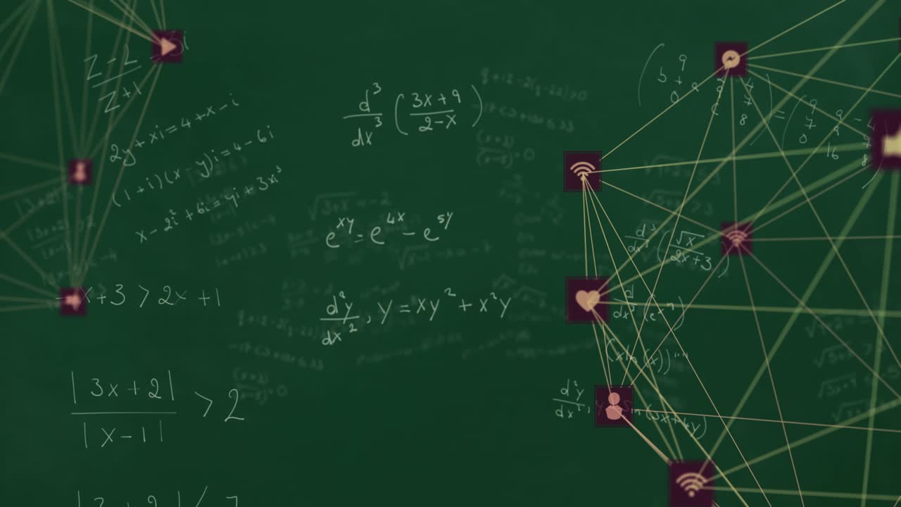 Animation of network of connections with icons over mathematical equations on green background