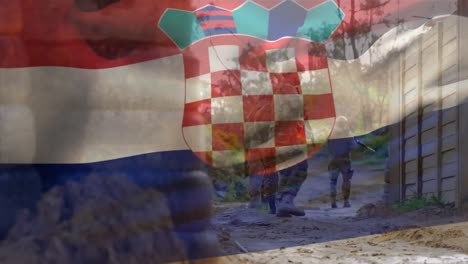 animation of flag of croatia over diverse male soldiers walking with weapon