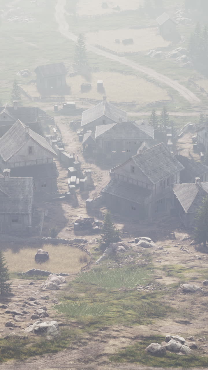 un pueblo de niebla en un entorno de fantasía medieval