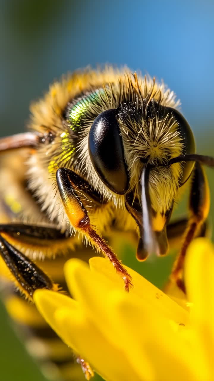 Close-up of a Fuzzy Bee on a Yellow Flower