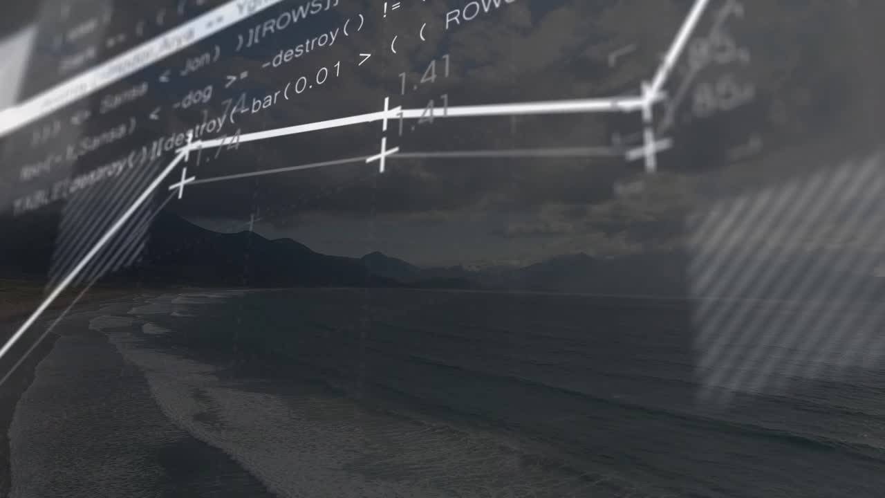 Fading rectangles showing data overlay, polyline drawing and bars rising with code showing trends