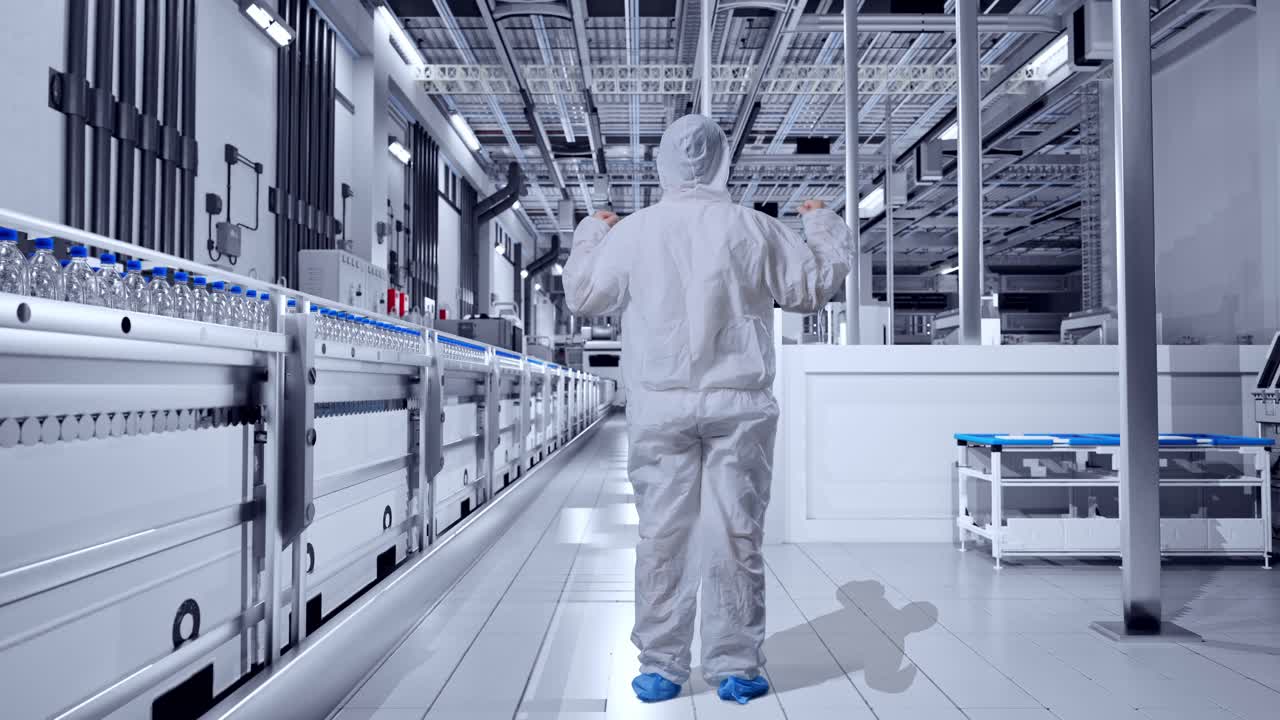 Full Body Back View Of Asian Male Scientist Celebrating The Succeed While Standing In Water Factory, Water Bottles on Production Line