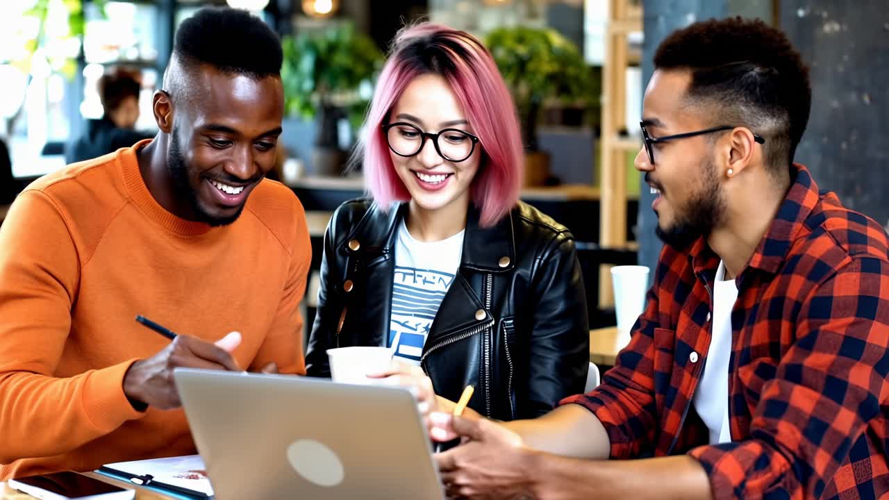 Diverse Group of Students Collaborating in a Cafe