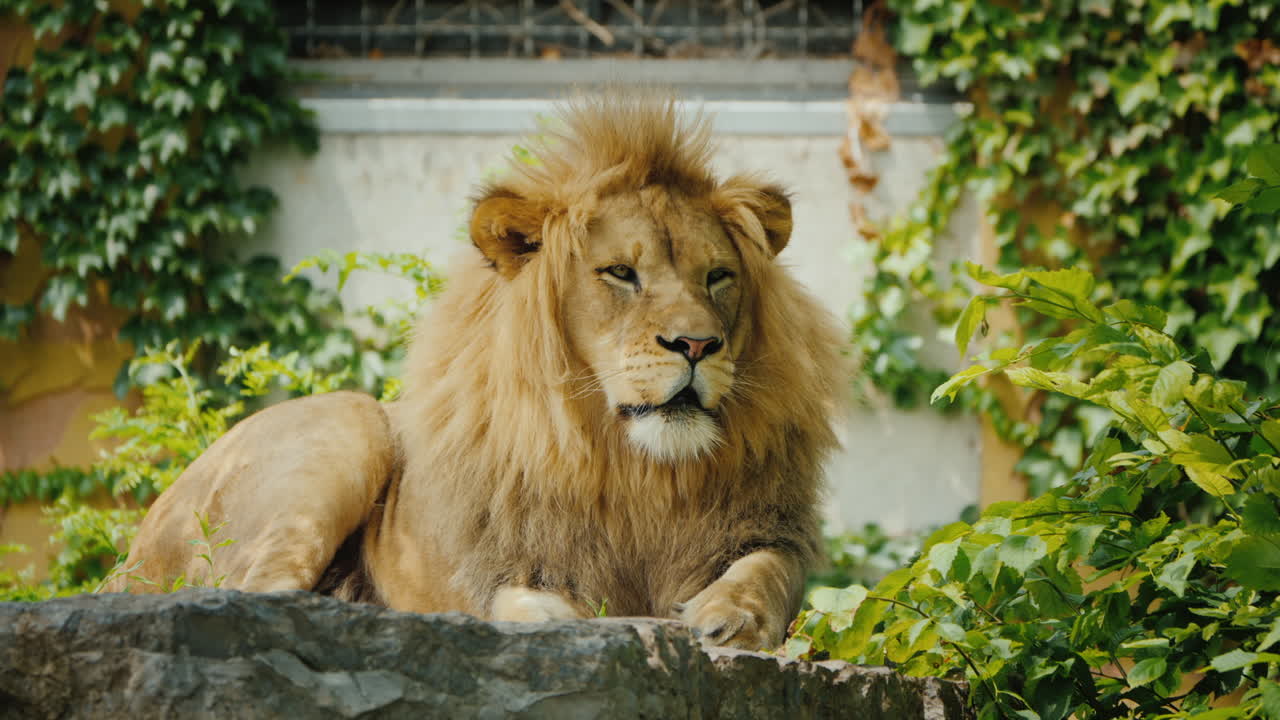 león grande y hermoso descansando sobre las piedras entre los matorrales