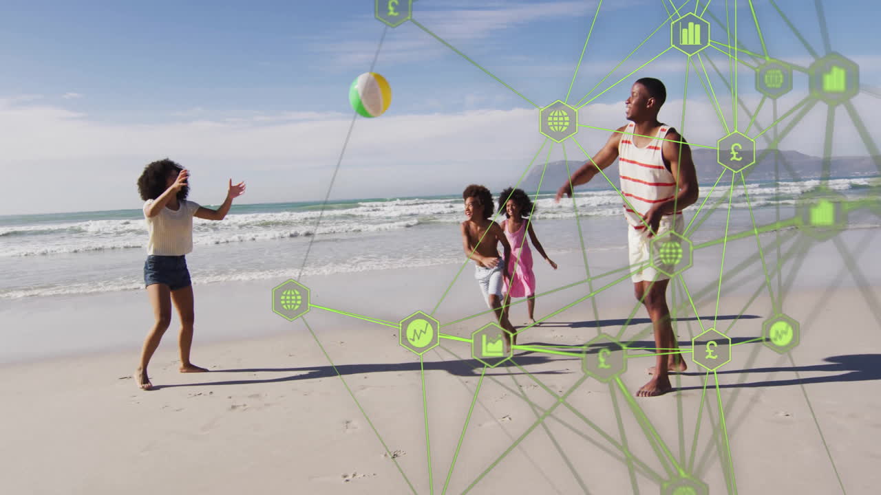 해변 공, 네트워크 연결 및 금융 아이콘 애니메이션을 가진 가족과 함께 놀고 있습니다.