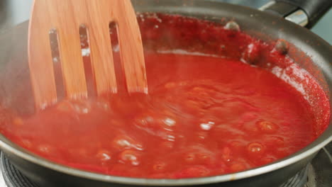 Chicken in tomato sauce is boiling on a frying pan with spices. Cooking tomato sauce curry with chicken fillet. Traditional Italian Mexican Asian dish. High quality studio shot for cafe, restaurant close up.