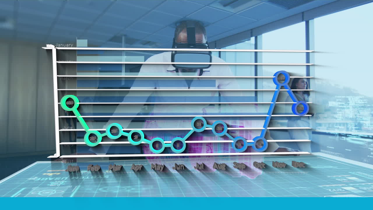 animación de gráficos financieros sobre hombre afroamericano en auriculares vr en la oficina