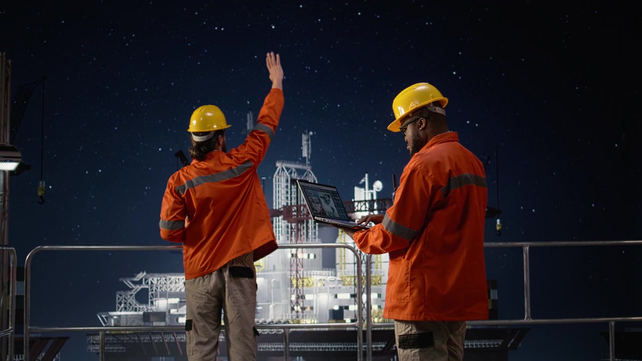 Offshore platform workers using map on laptop to circumvent extraction embargo