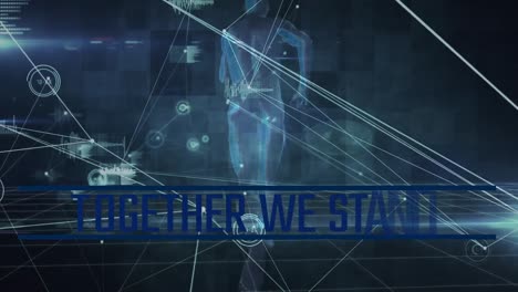 Animation-Von-„Gemeinsam-Stehen-Wir“-Textbanner-Und-Menschlichem-Modell,-Das-Gegen-Ein-Netzwerk-Von-Verbindungen-Läuft