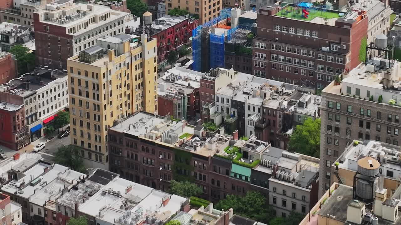 High vantage view of urban streets in New York City captured by drone