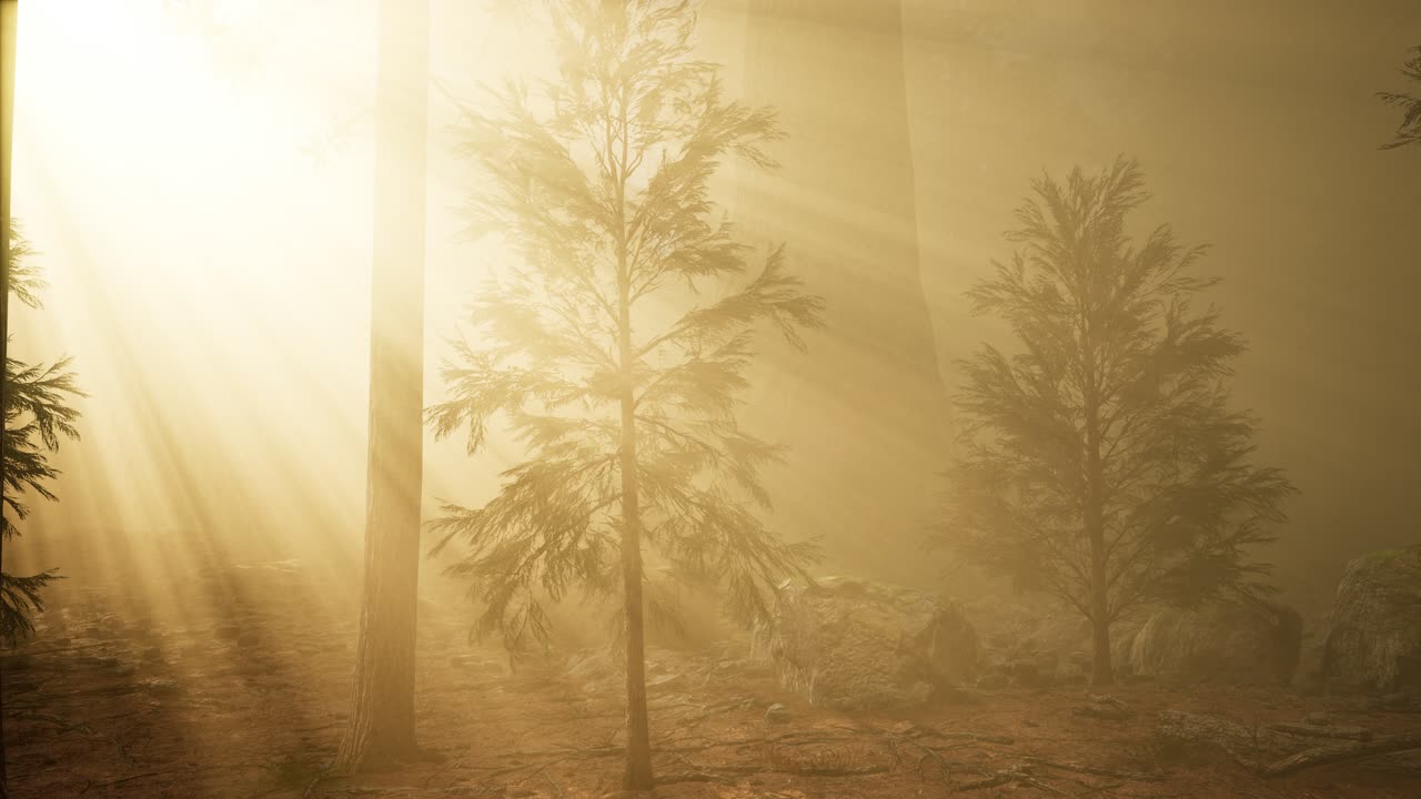 가을의 숲과 아침 안개의 나무