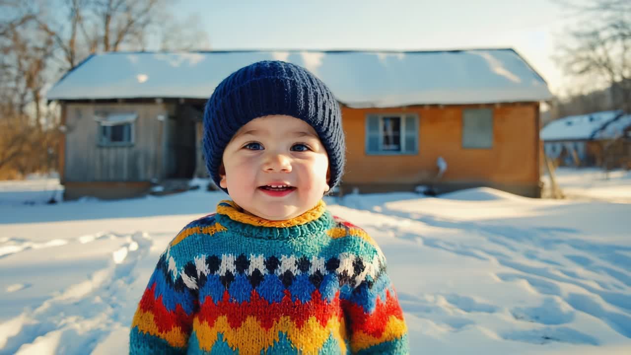 Adorable baby wearing a colorful knitted sweater and a woolen hat, smiling happily while standing in the snow in front of a wooden house in winter, enjoying a sunny day outdoors
