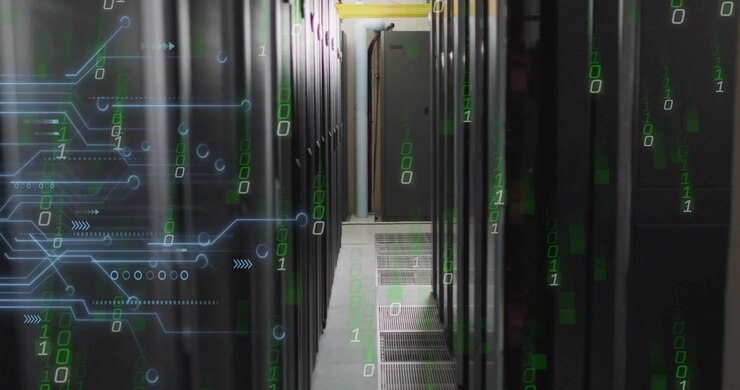 Animation of binary coding and data processing over computer servers