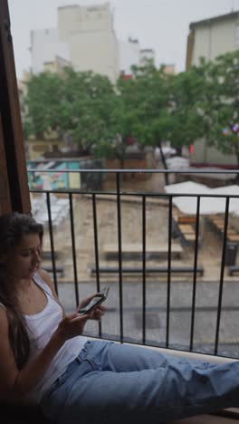 woman using phone on a rainy balcony