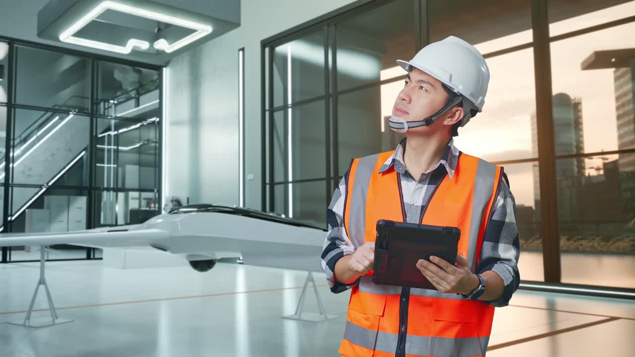 ingeniero masculino asiático con casco de seguridad mirando la tableta en su mano y mirando a su alrededor mientras está de pie con el proyecto de drones