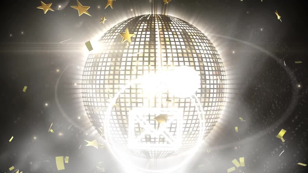 검은색 배경에 디스코 공과 콘페티 위에 봉투 아이콘의 애니메이션