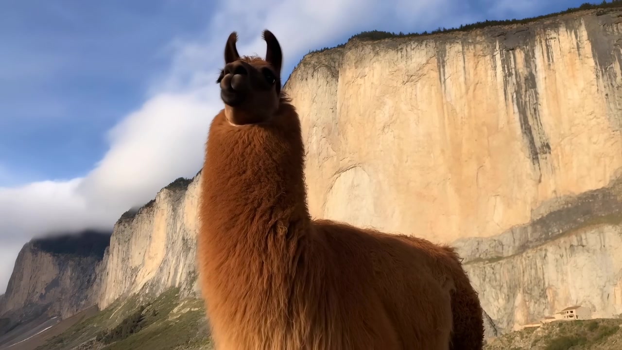 Una llama adulta marrón se alza en primer plano con la cabeza erguida, orejas erectas y mirada curiosa, enmarcada por un imponente acantilado de piedra caliza, un valle alpino, luz solar brillante, cielo abierto, textura de roca escarpada y un ambiente pacífico.