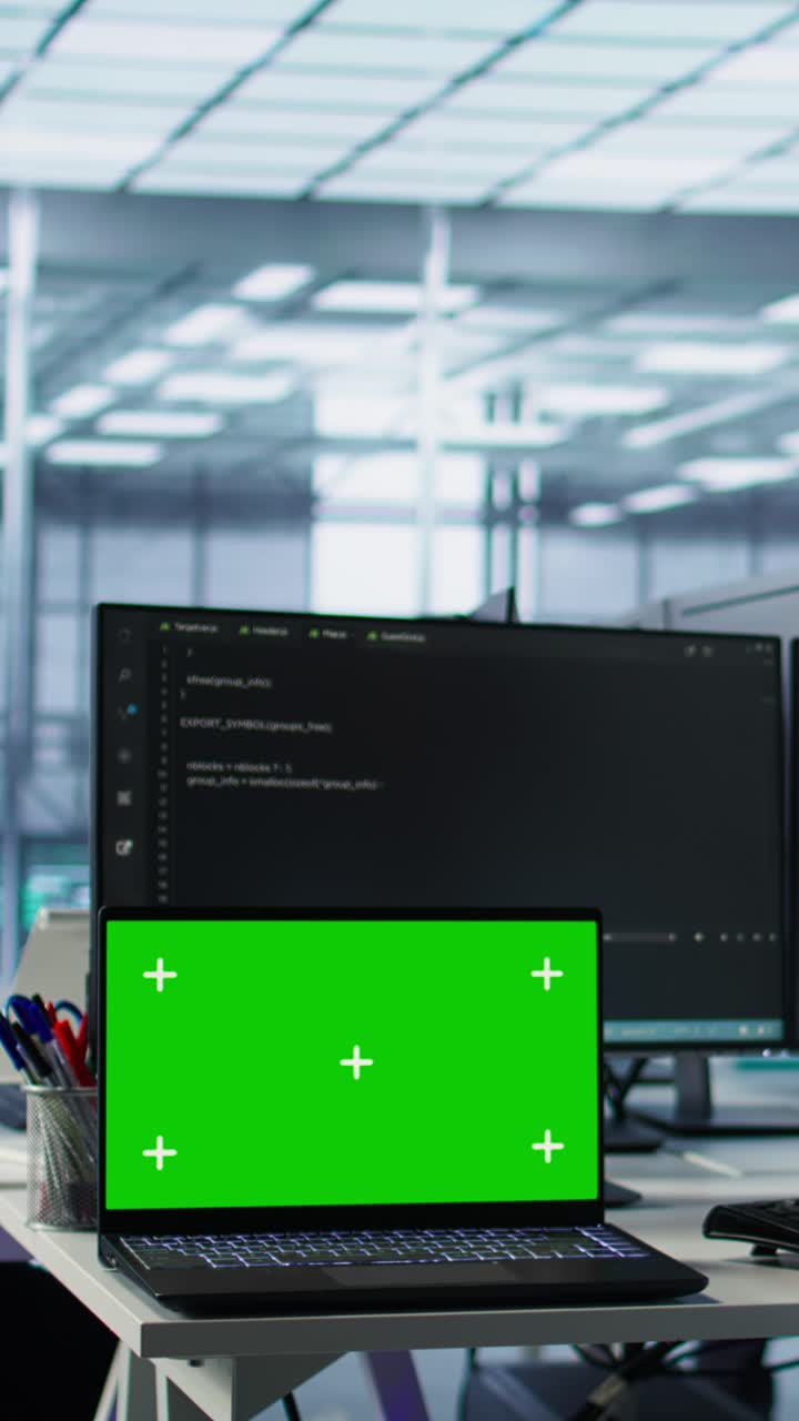 Laptop with Green Screen Display on Office Desk