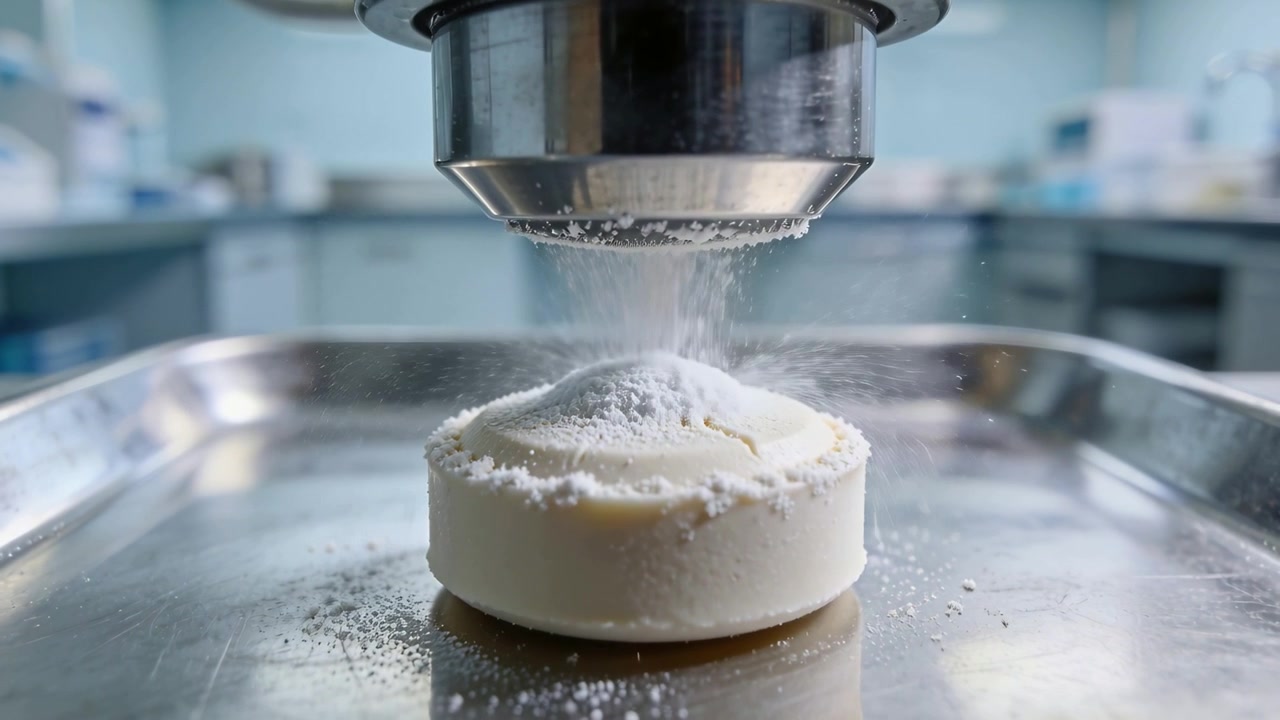 Lowering metal nozzle, pouring powder onto white tablet on metal tray, forming pile for analysis