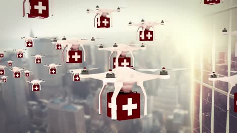 digital image of drones holding medicine boxes and flying