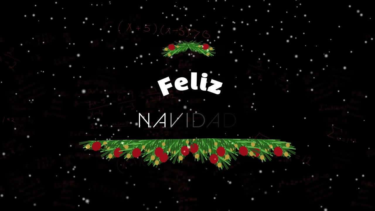animación de nieve sobre texto de feliz navidad con frutas y hojas contra fondo negro