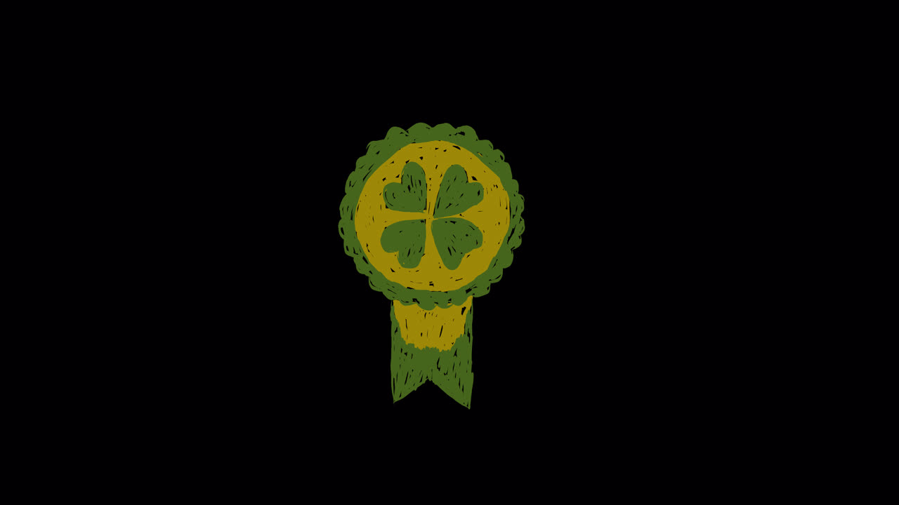 Emblema Animado de Trevo de Quatro Folhas Desenhado à Mão em Fundo Preto