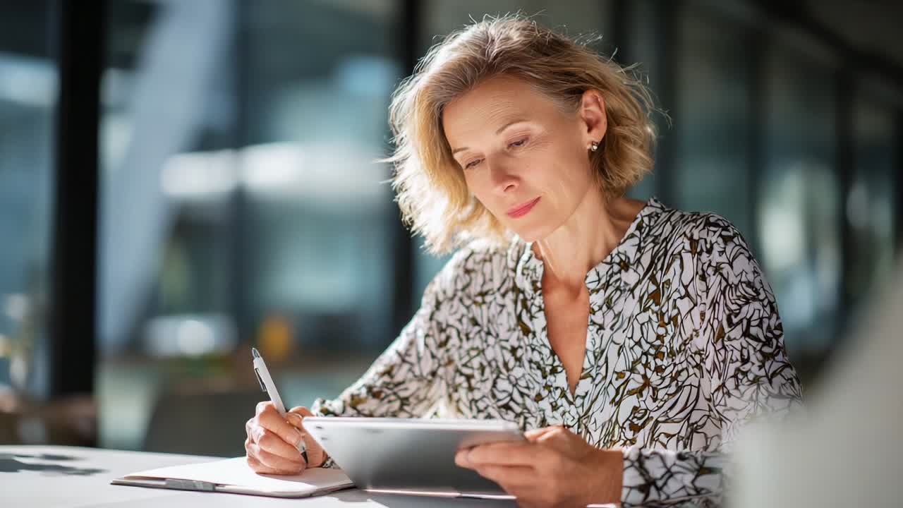 Focused Professional Engaged in Digital Work as She Takes Notes and Analyzes Information on a Tablet Device in a Bright and Modern Office Setting with Natural Light Streaming Through the Windows