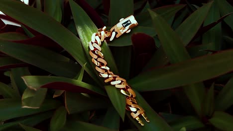 Shimmering-gold-bracelet-glistening-in-sunlight-amidst-lush-greenery