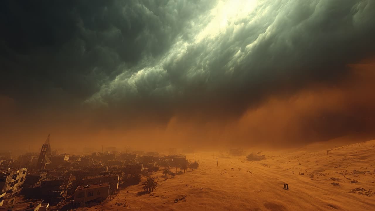 Ein bedrohlicher Sturm zieht auf: Eine trostlose Landschaft, bedroht von dunklen Wolken und Staub, die die Macht der Natur und die Zerbrechlichkeit der Zivilisation in einer Welt am Abgrund offenbart.