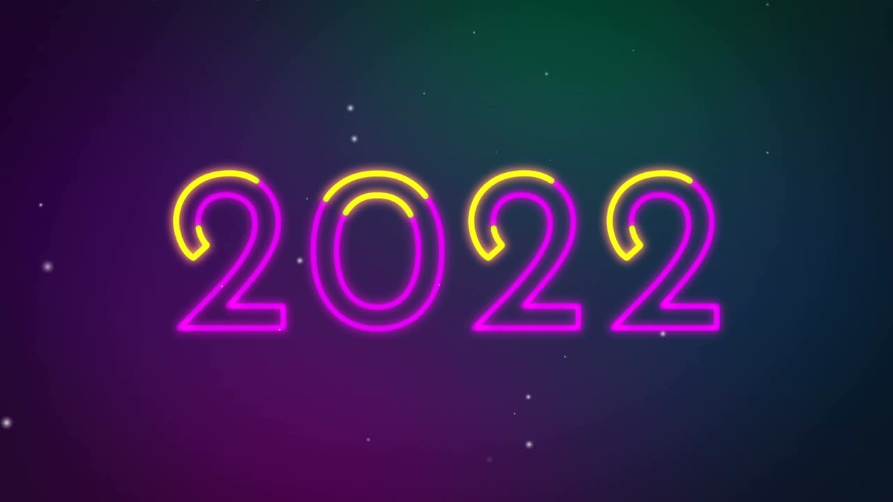 4k. bucle sin fisuras del número colorido 2022 luz de neón brillante brillante para el año 2022 fondo de saludo durante la celebración de la cuenta atrás de la víspera de año nuevo con la caída de copos de nieve