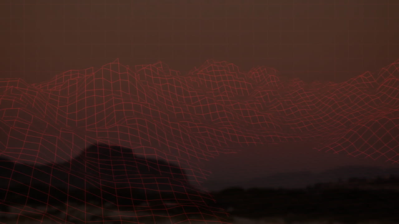 Animation of red wireframe grid forming mountains over dark landscape background