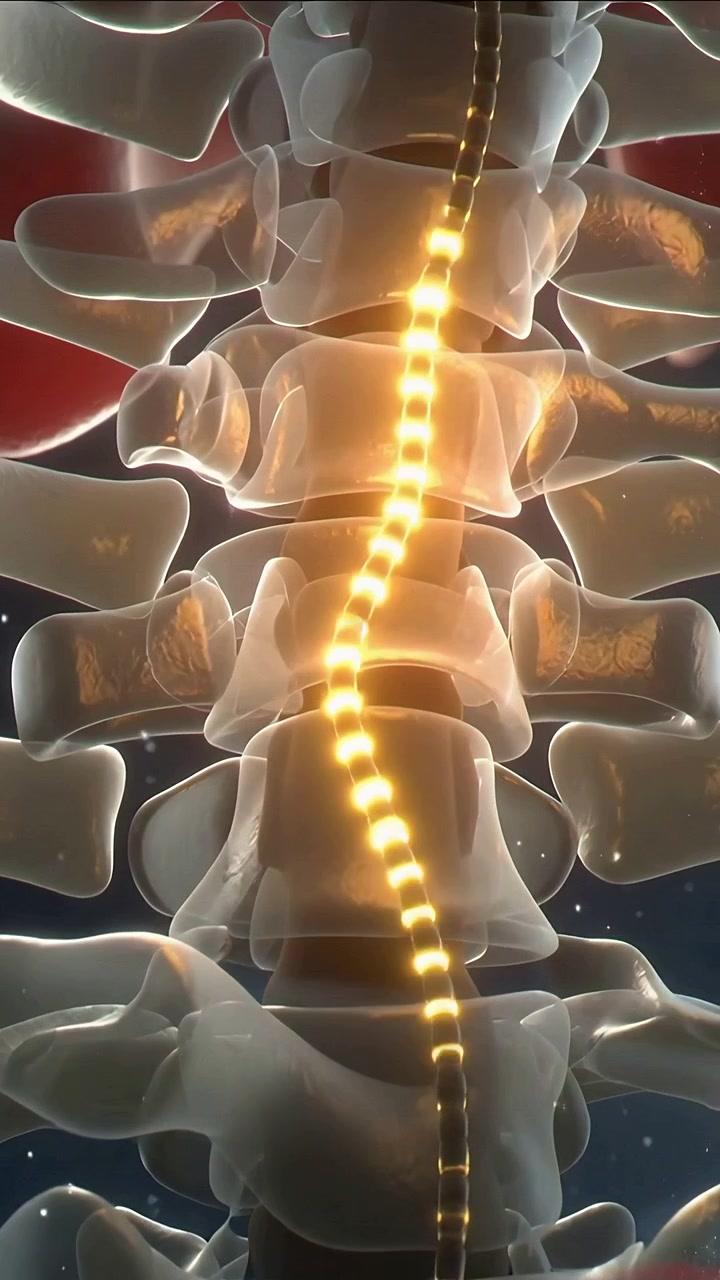 Vertical video: Upper node sparking cord pulsing sending signal down spine in anatomy view