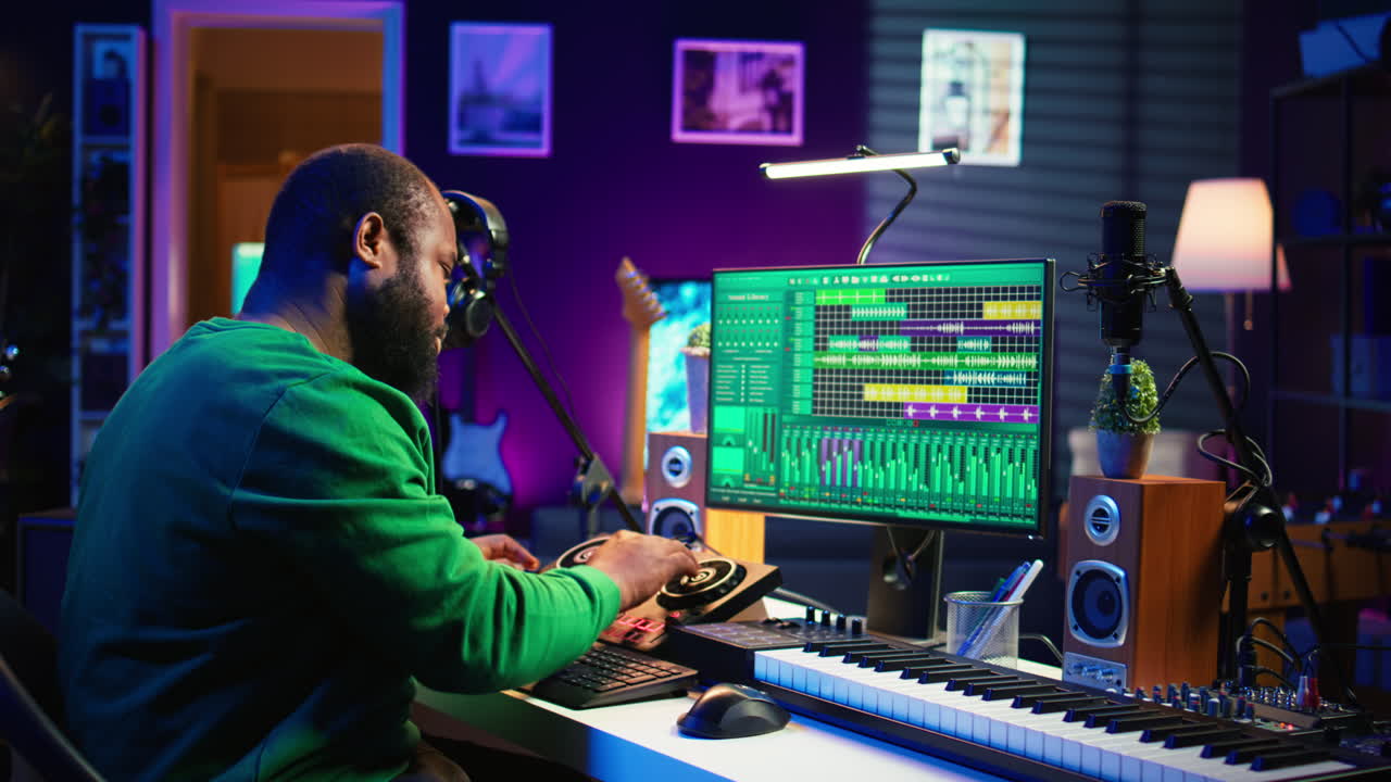 compositor masculino hábil que produce nuevas canciones en su consola de mezcla
