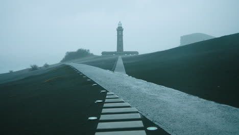 Stunning-extreme-wide-shot-of-Ponta-dos-Capelinhos-lighthouse-on-Faial-island-during-a-storm