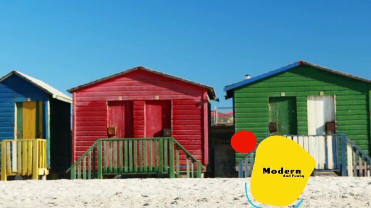 Cabanas de Praia Coloridas com Terços Inferiores Animados e Atividades Familiares