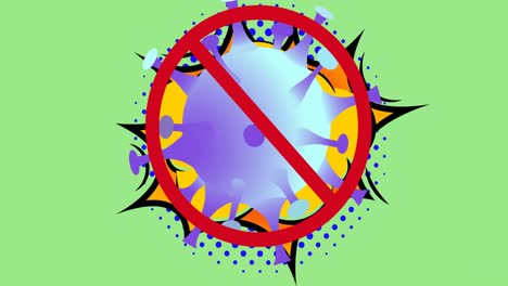 animación de un cartel de prohibición con células del virus covid 19 moviéndose