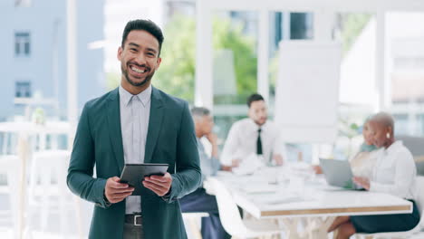 Asian-man,-tablet-and-happy-portrait-in-meeting