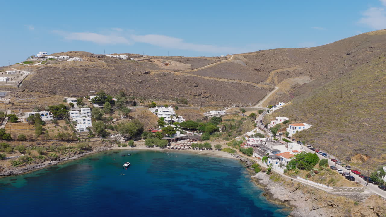Martinakia beach port town on Kythnos island, Cyclades, Drone shot