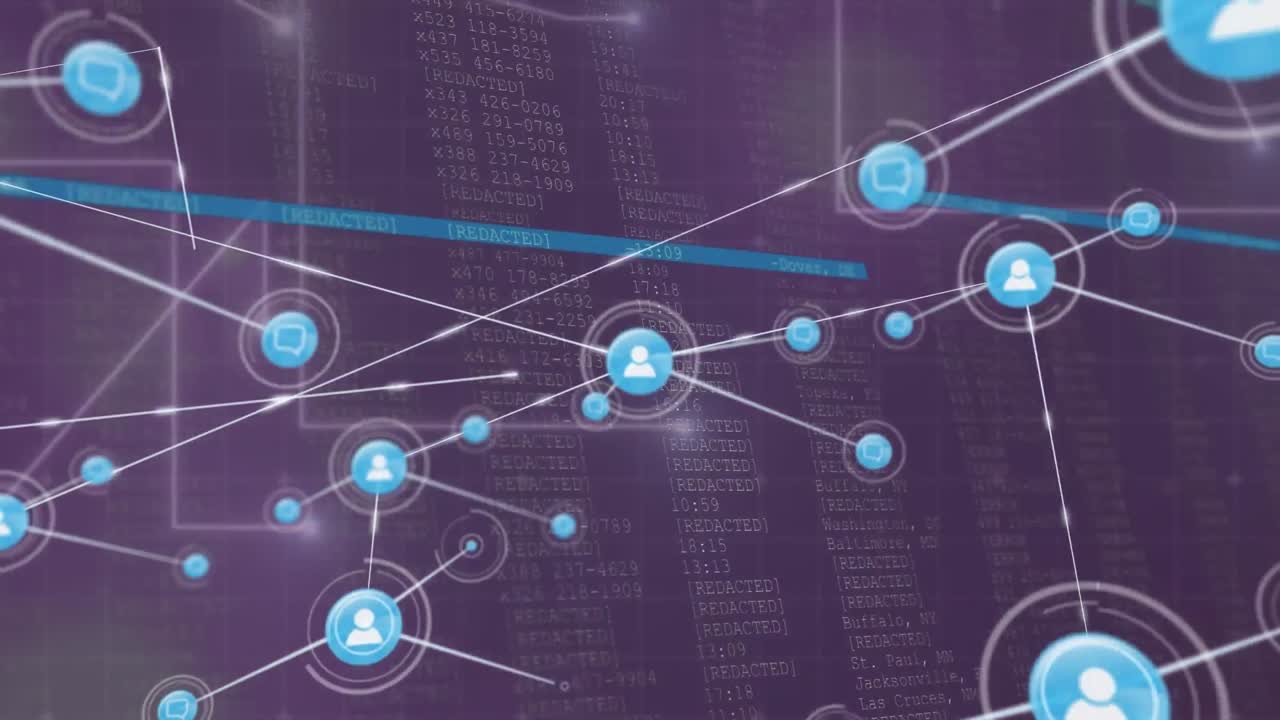 animación de una red de iconos digitales, puntos de conexión, procesamiento de datos contra un fondo púrpura