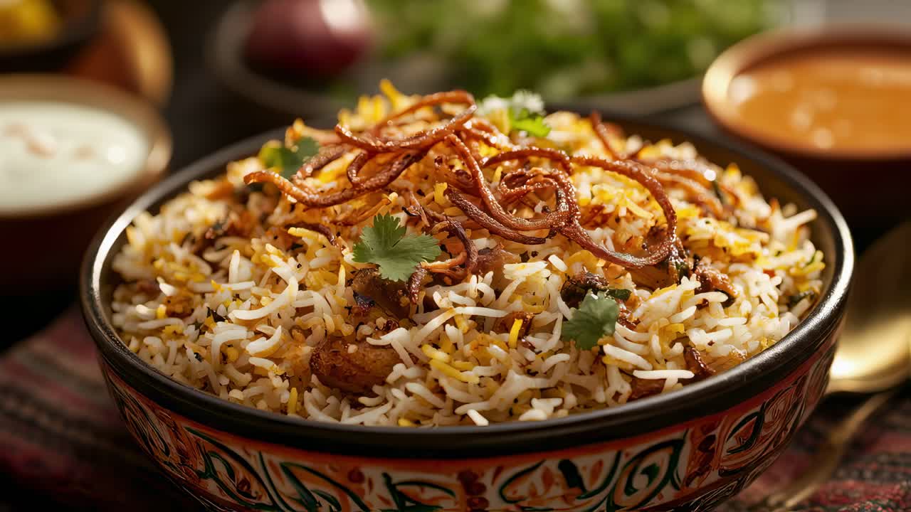 Fragrant chicken biryani layered with golden fried onions, fresh coriander, releasing steaming aroma beside creamy raita in traditional decorated serving bowl