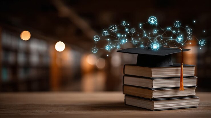 An Inspirational Study Setting Featuring a Graduation Cap on a Stack of Books with Digital Connections Representing Knowledge and Learning in a Library Environment