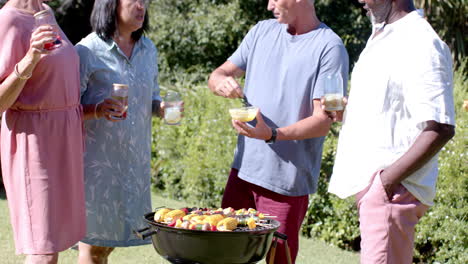 group of diverse seniors enjoying in garden barbecue, chatting and holding drinks