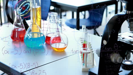 ecuaciones matemáticas flotando contra el equipo de laboratorio